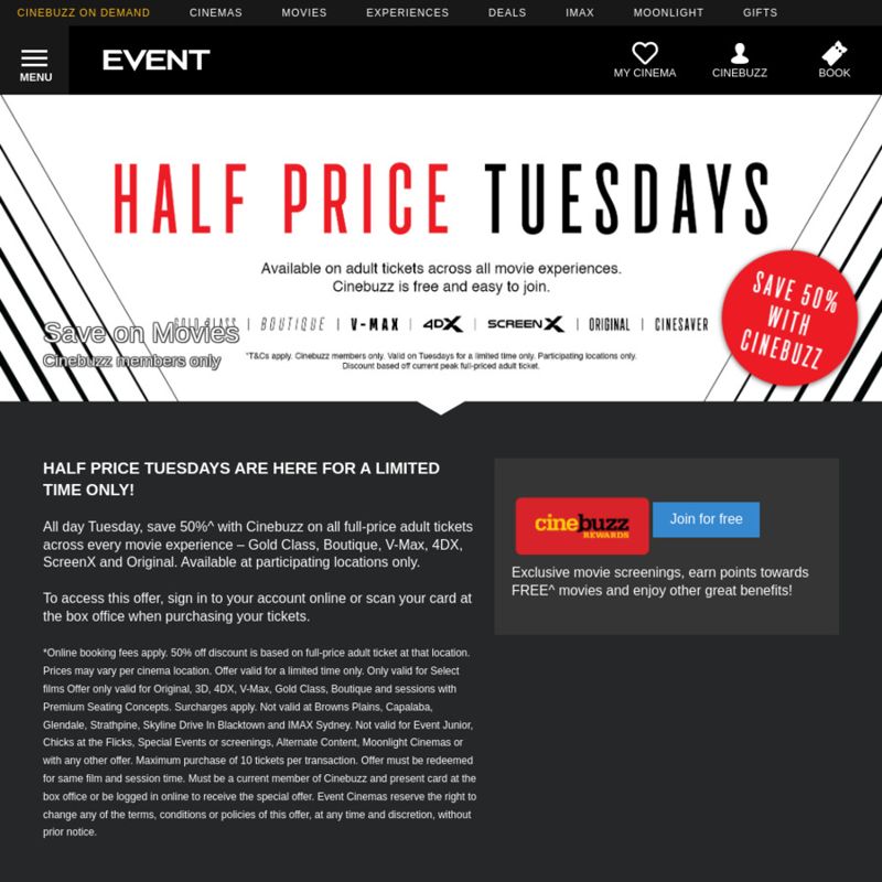 Event Cinemas Half Price Tuesdays - + Fee