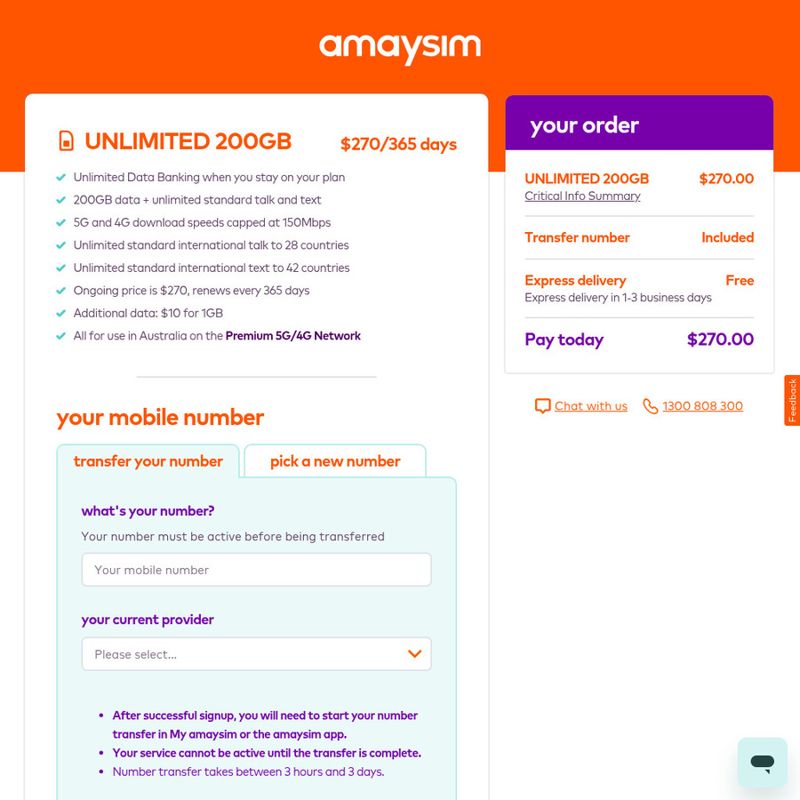 amaysim 365-Day Prepaid SIM 200GB + Free International Calls