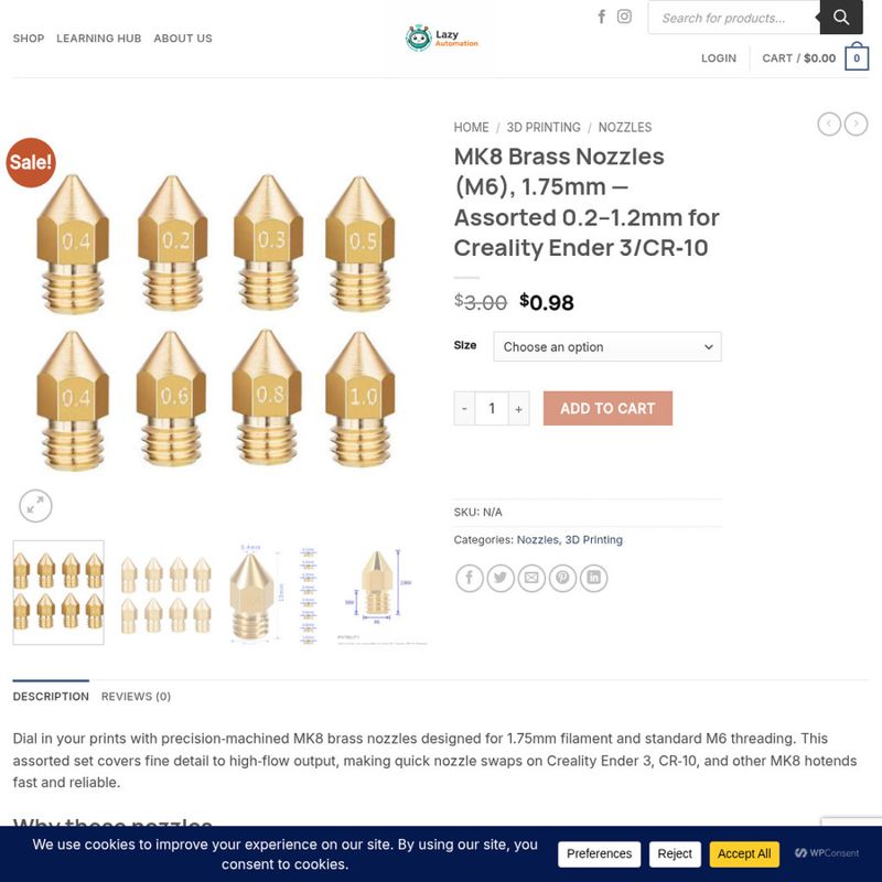 MK8 Brass Nozzles (M6), 1.75mm — Assorted 0.2–1.2mm for Creality Ender 3/CR‑10 - Lazy Automation