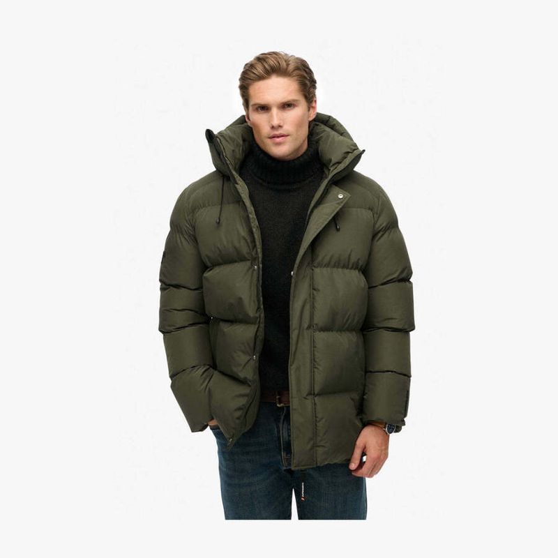 Hooded 5 Baffle Sports Puffer | Army Khaki Green