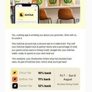 Woolworths Online: 10-12% Dining Credit with Eatclub Card