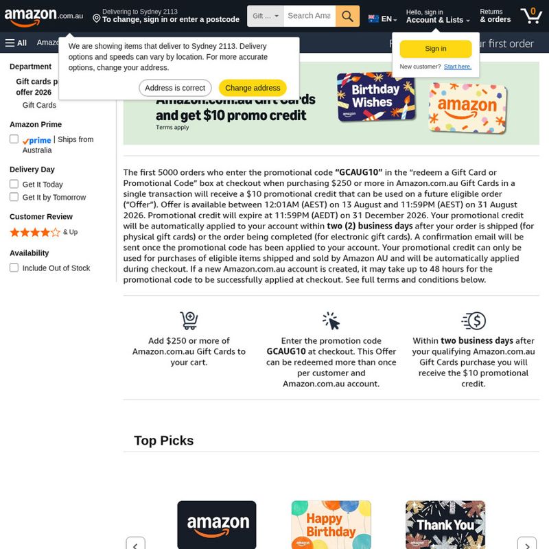 Amazon AU Gift Card: Promo Credit on + (Code GCAUG10)