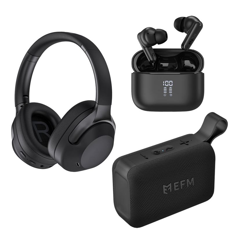 EFM Essential Audio Bundle Trio with Bluetooth Speaker, Headphones and TWS Earbuds (Black)